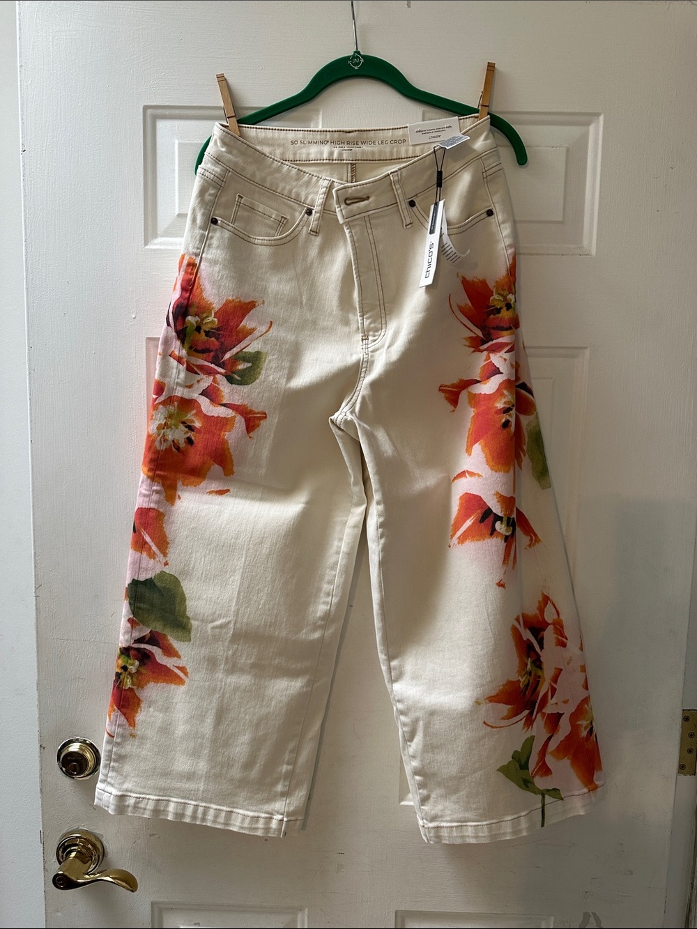 Chico's So Slimming High-Rise Wide-Leg Cropped Jeans Sea Salt & floral print.
